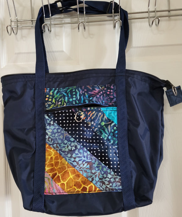 navy blue tote bag with batik pockets