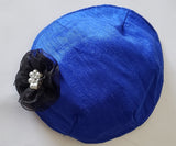 silk small kippah with accent flower pearls rhinestone royal blue / black