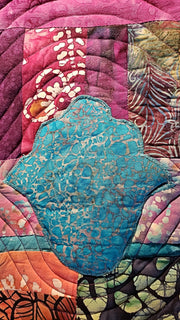 turquoise hamsa ripples in all batik trapunto wall hanging