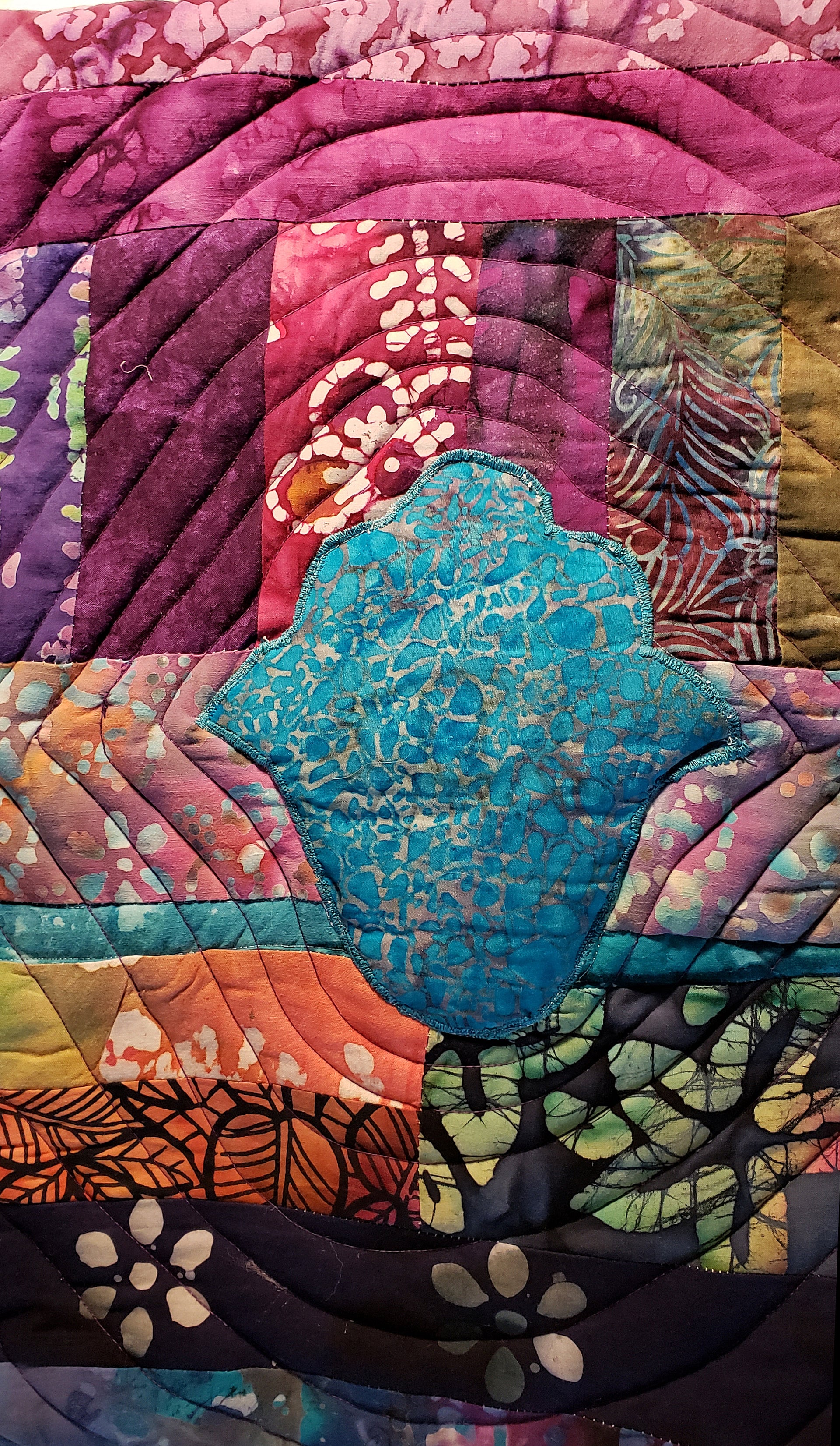 turquoise hamsa ripples in all batik trapunto wall hanging
