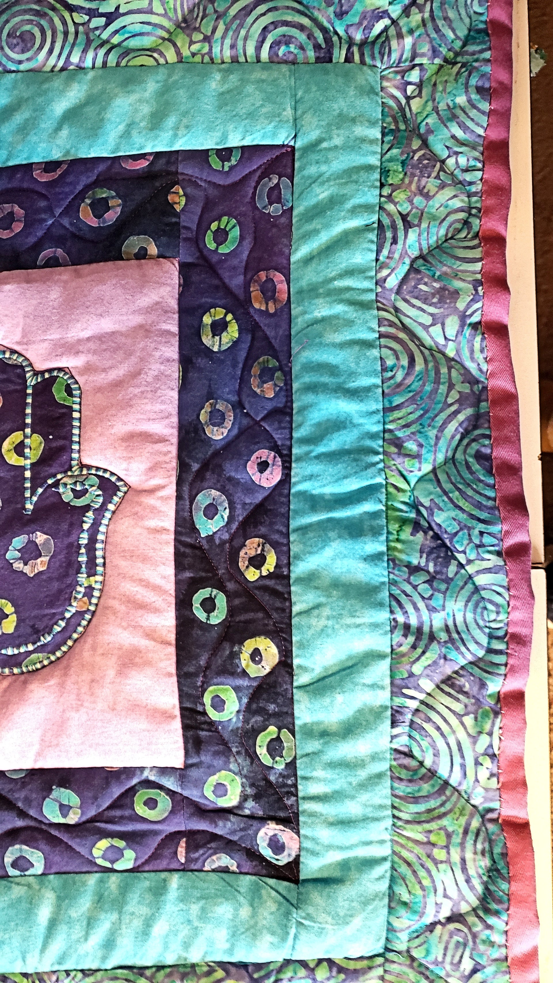 quilted hamsa wall hanging purples turquoise