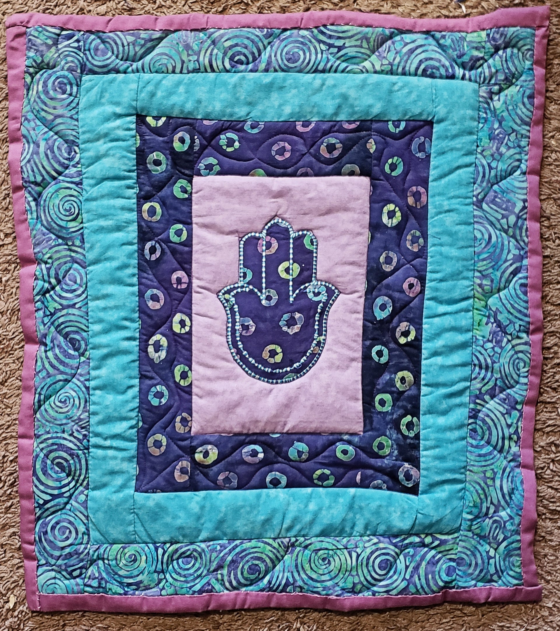 quilted hamsa wall hanging purples turquoise