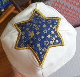 star of david kippah or yarmulke navy blue golden shalom / ivory