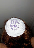 hamsa with evil eye embroidered kippah great design yarmulke white / purple variegated
