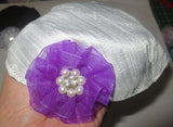 silk small kippah with accent flower pearls rhinestone white / deep purple