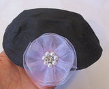 silk small kippah with accent flower pearls rhinestone black / lilac