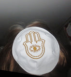 hamsa with evil eye embroidered kippah great design yarmulke white / gold