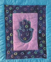 quilted hamsa wall hanging purples turquoise