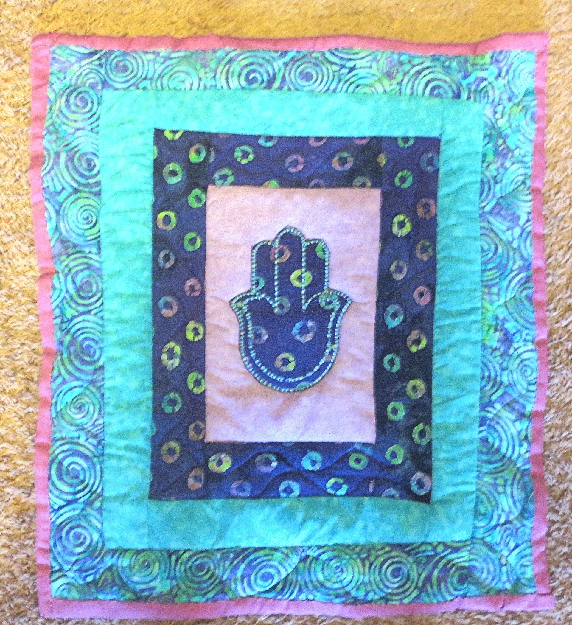 quilted hamsa wall hanging purples turquoise