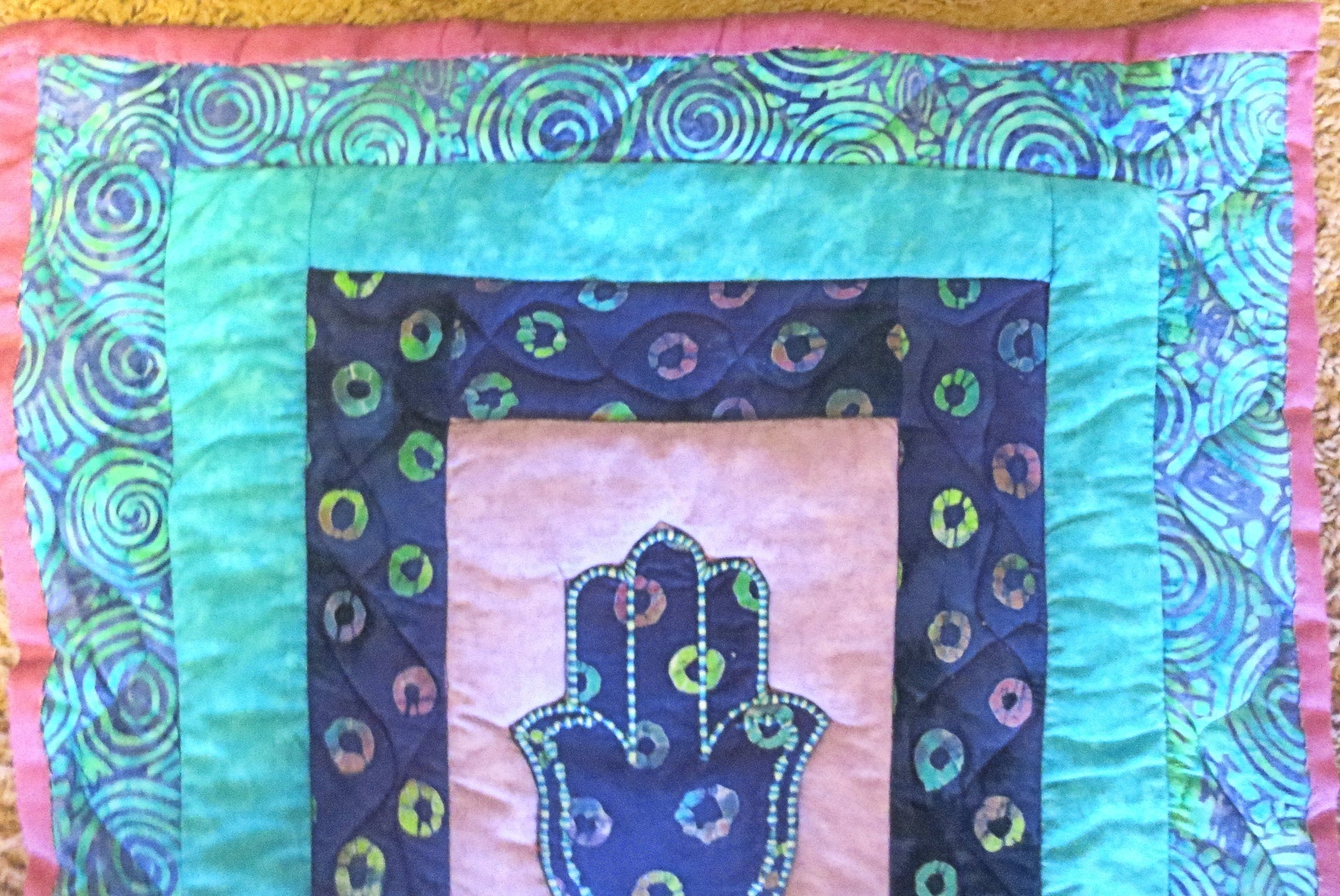 quilted hamsa wall hanging purples turquoise