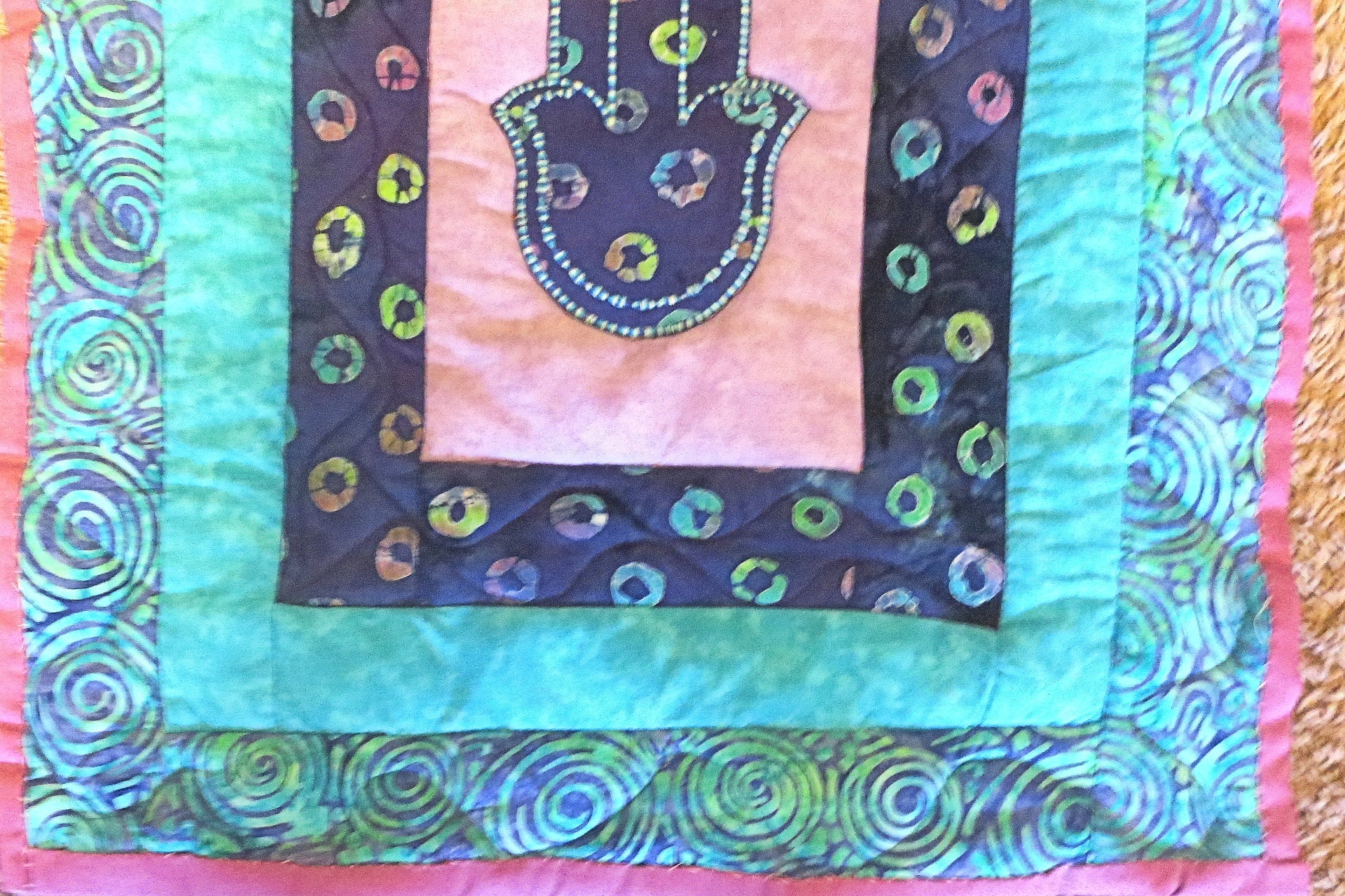 quilted hamsa wall hanging purples turquoise