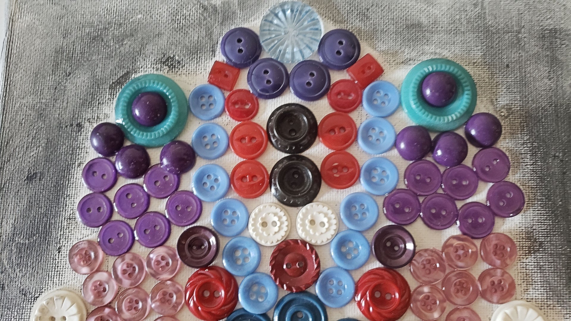 hamsa multicolored button art work with vintage buttons on canvas hand of miriam