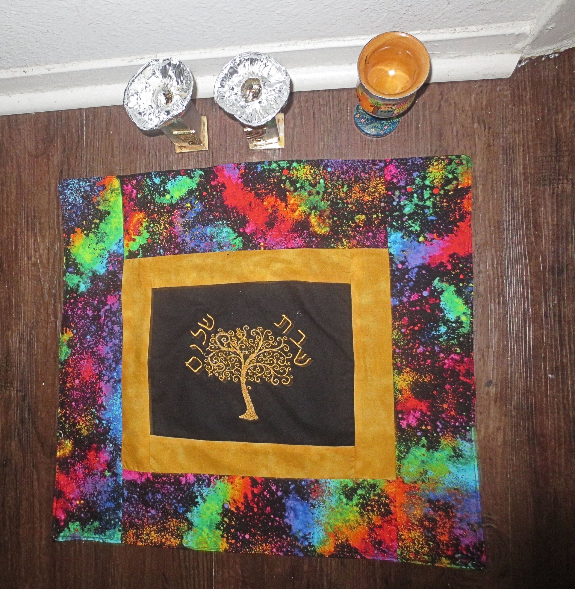 golden tree of life modern challah cover embroidered hebrew shabbat shalom arty paint brush fabric