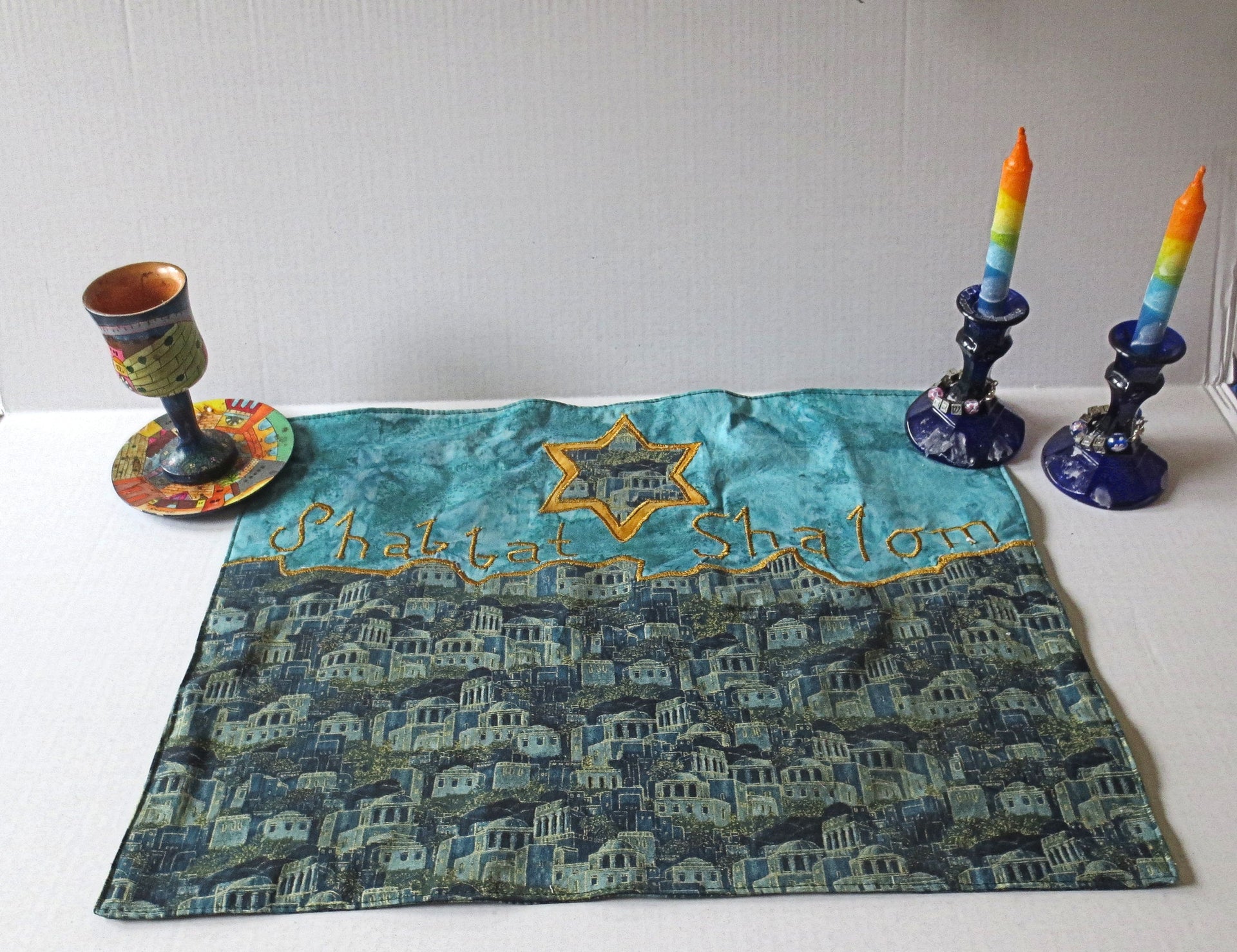 green gold jerusalem scene challah cover shabbat centerpiece mat hebrew