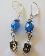 hanukkah or chanukah swarovski crystals silver earrings menorahs and dreidels sterling ear wires sapphire blue faceted helix swaroski crystals / dreidels / lever backs