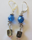 hanukkah or chanukah swarovski crystals silver earrings menorahs and dreidels sterling ear wires sapphire blue faceted helix swaroski crystals / dreidels / lever backs