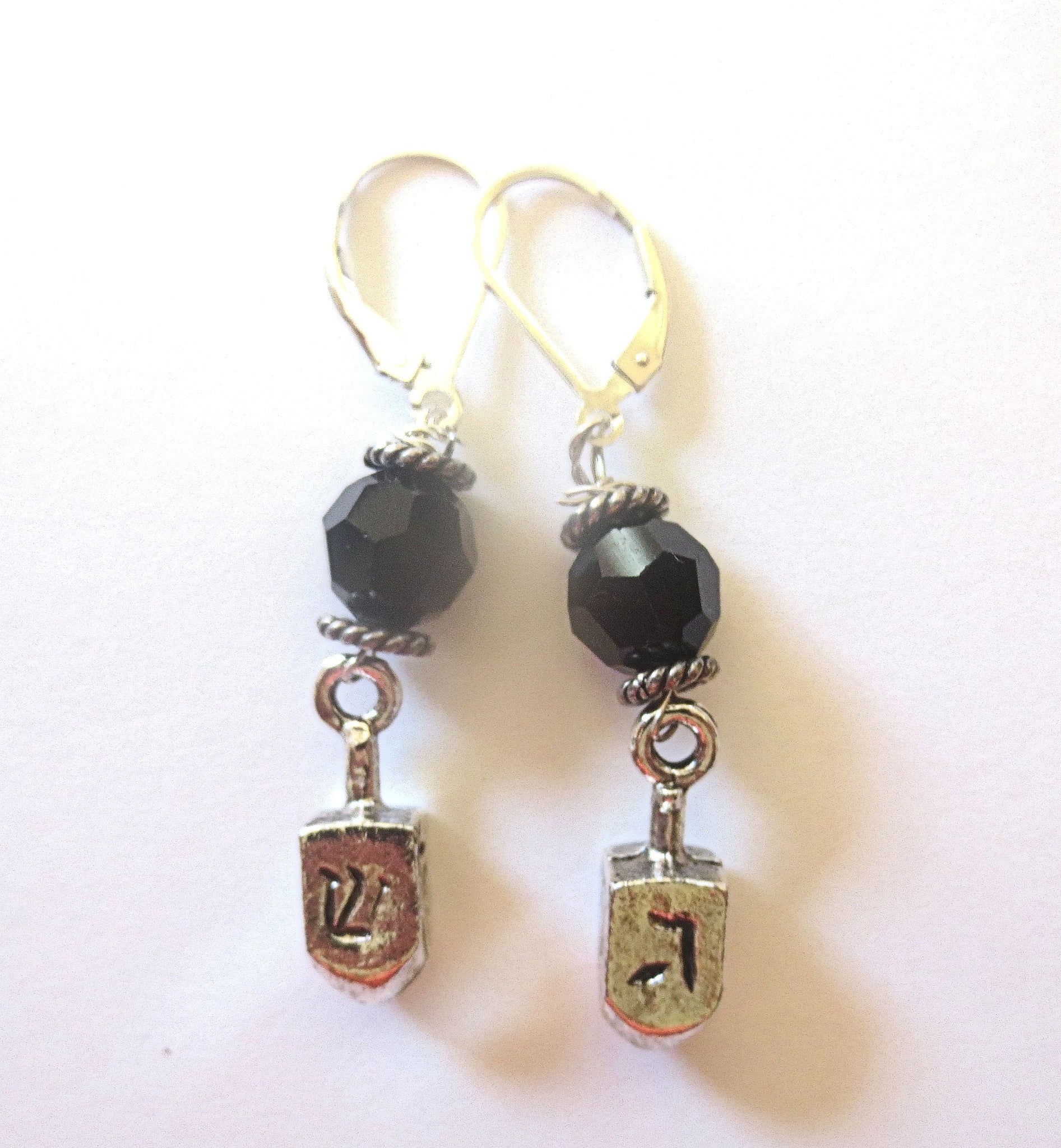 hanukkah or chanukah swarovski crystals silver earrings menorahs and dreidels sterling ear wires jet black faceted helix swaroski crystals / dreidels / lever backs