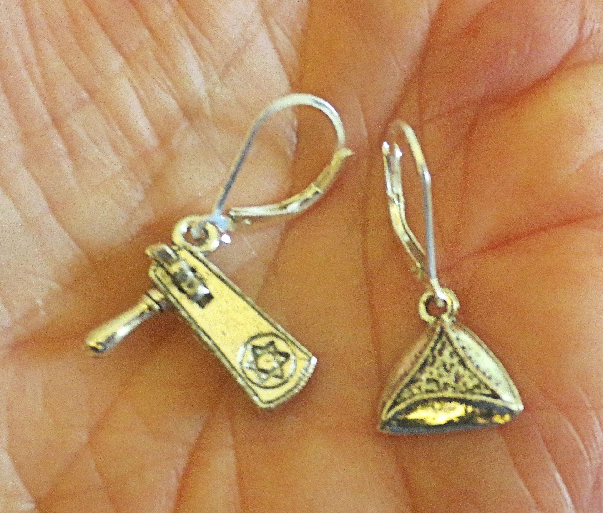 purim earrings groggers and hamentaschen one hamentashen one grogger / sterling silver lever backs