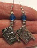 gemstone silver charm earrings for passover seder plates, matzah, haggadah blue agate / haggadahs / sterling silver regular ear wires
