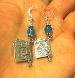 gemstone silver charm earrings for passover seder plates, matzah, haggadah blue azure agates / haggadahs / sterling silver regular ear wires