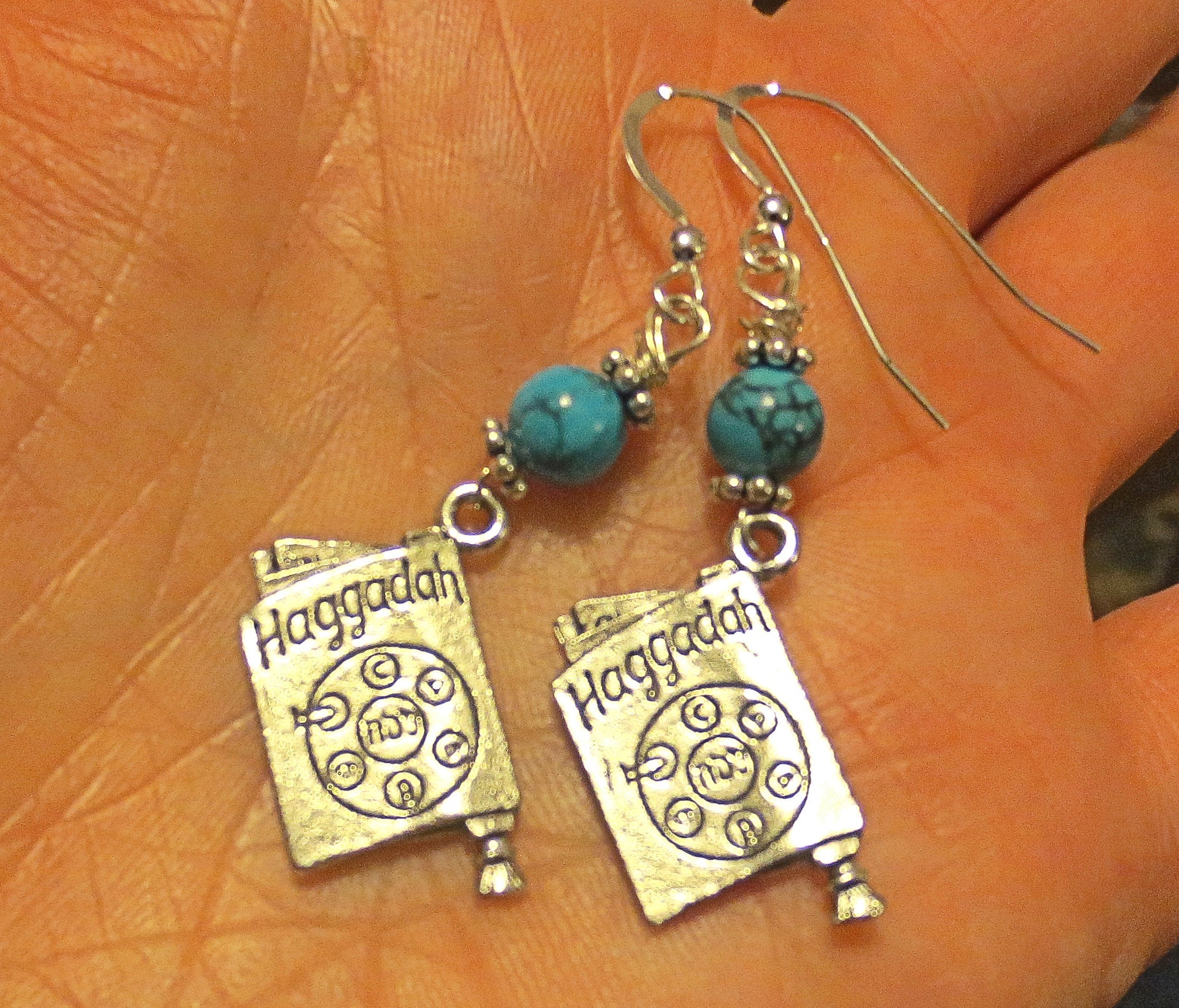 gemstone silver charm earrings for passover seder plates, matzah, haggadah queen turquoise / haggadahs / sterling silver regular ear wires