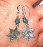 star of david earrings with gemstones jerusalem scene sterling ear wires / green jasper