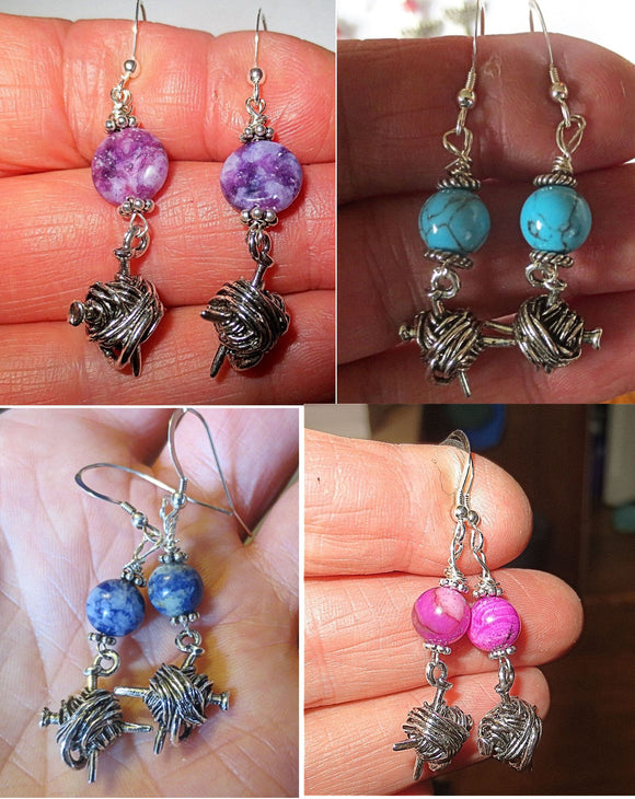 knitting theme silver earrings -- plain or with gemstones -- yarn with needles