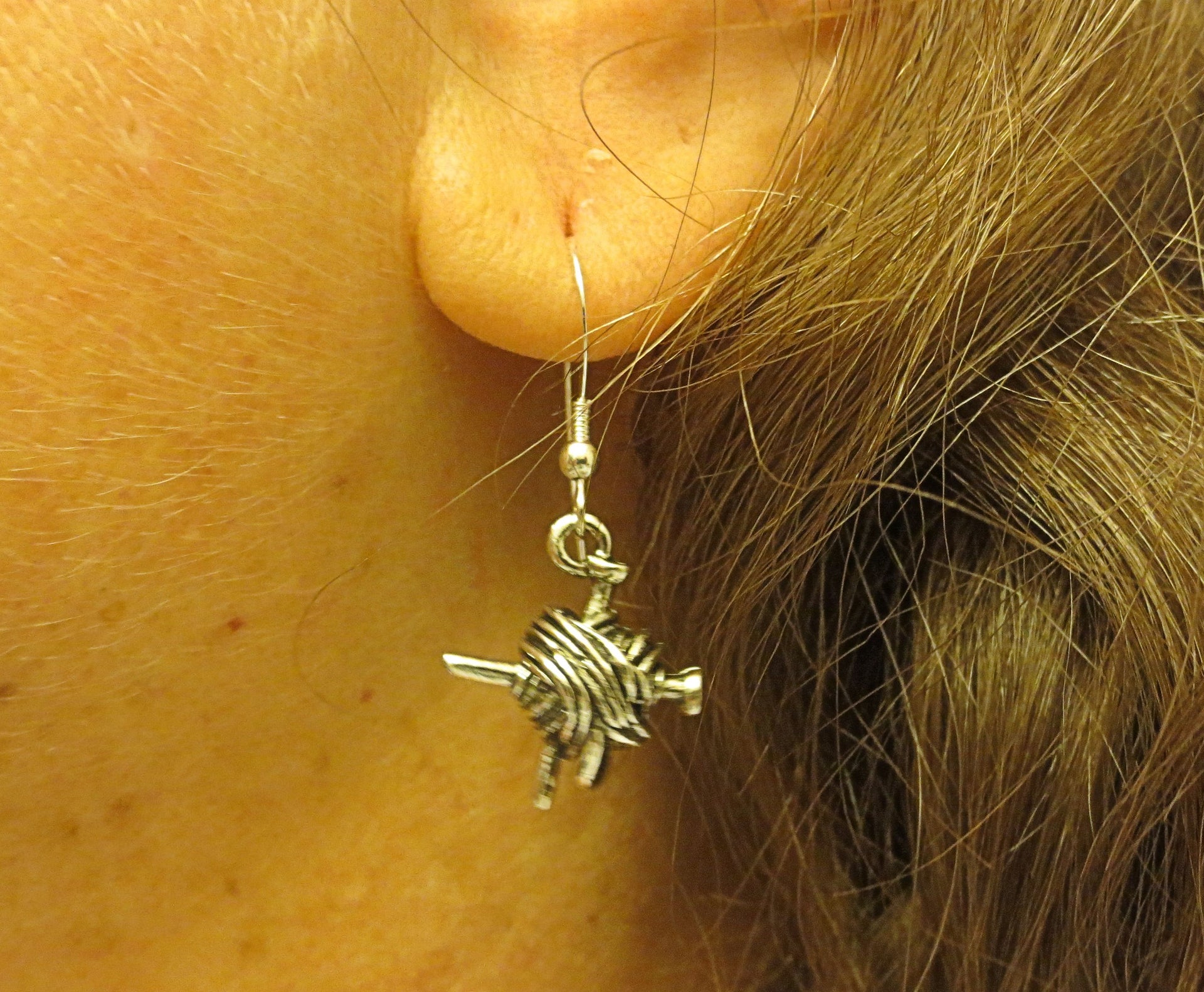 knitting theme silver earrings -- plain or with gemstones -- yarn with needles