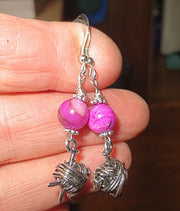 knitting theme silver earrings -- plain or with gemstones -- yarn with needles