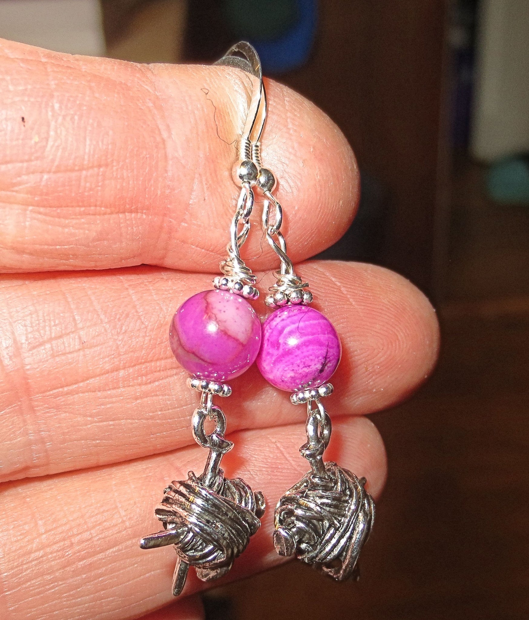 knitting theme silver earrings -- plain or with gemstones -- yarn with needles