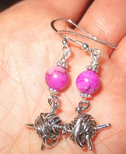 knitting theme silver earrings -- plain or with gemstones -- yarn with needles