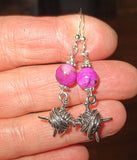 knitting theme silver earrings -- plain or with gemstones -- yarn with needles pink crazy lace agates / sterling silver wires / knitting charm