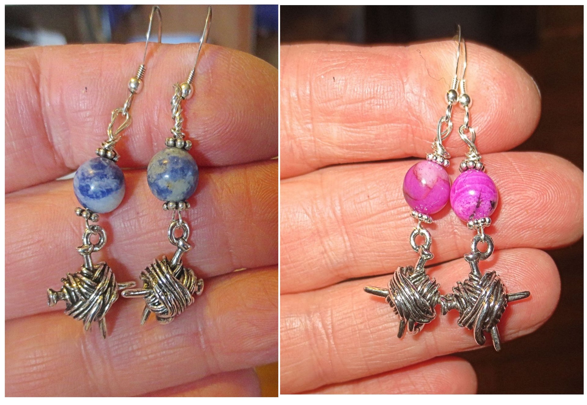 knitting theme silver earrings -- plain or with gemstones -- yarn with needles