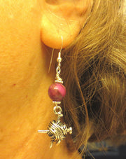 knitting theme silver earrings -- plain or with gemstones -- yarn with needles
