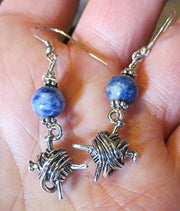 knitting theme silver earrings -- plain or with gemstones -- yarn with needles