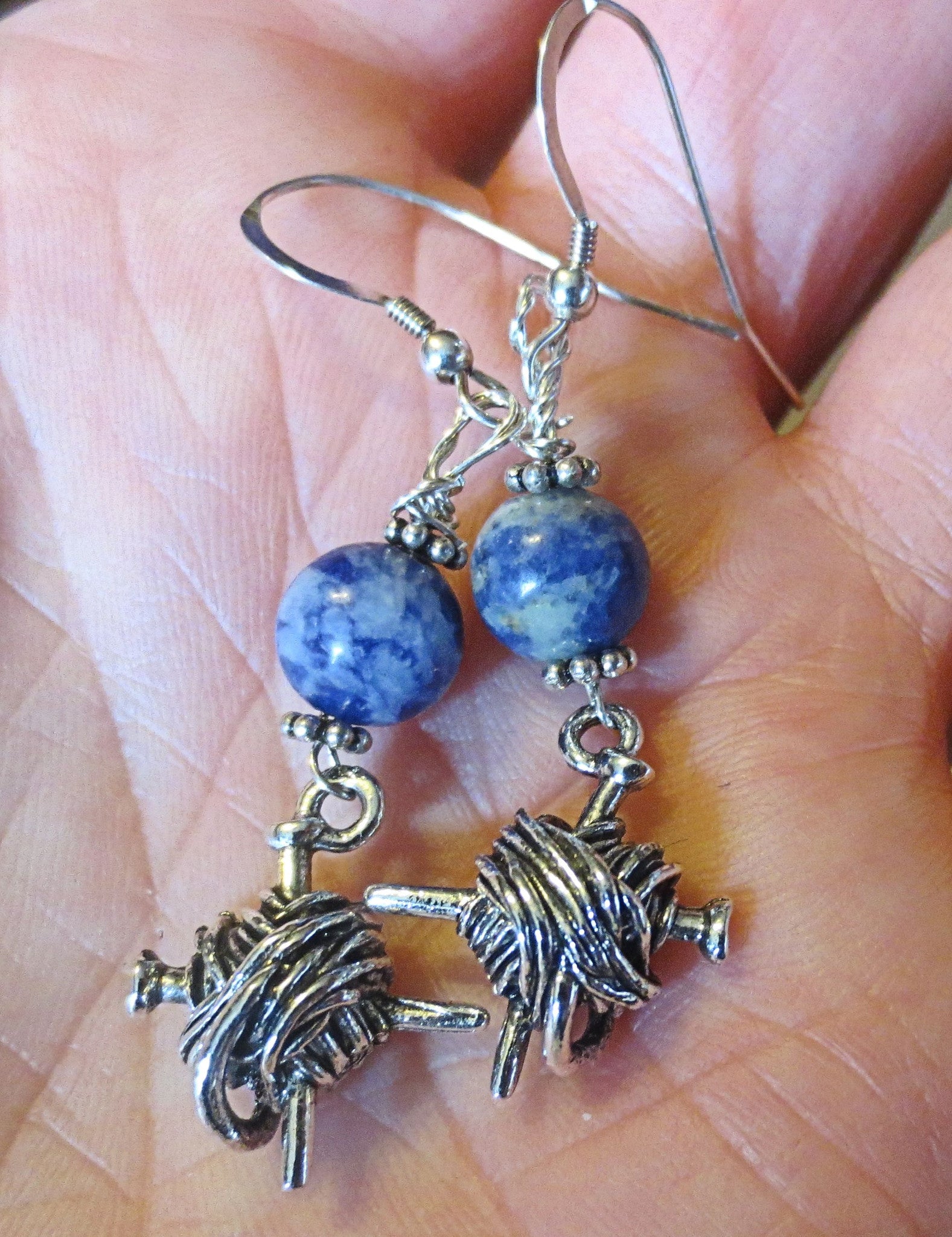knitting theme silver earrings -- plain or with gemstones -- yarn with needles