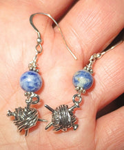 knitting theme silver earrings -- plain or with gemstones -- yarn with needles