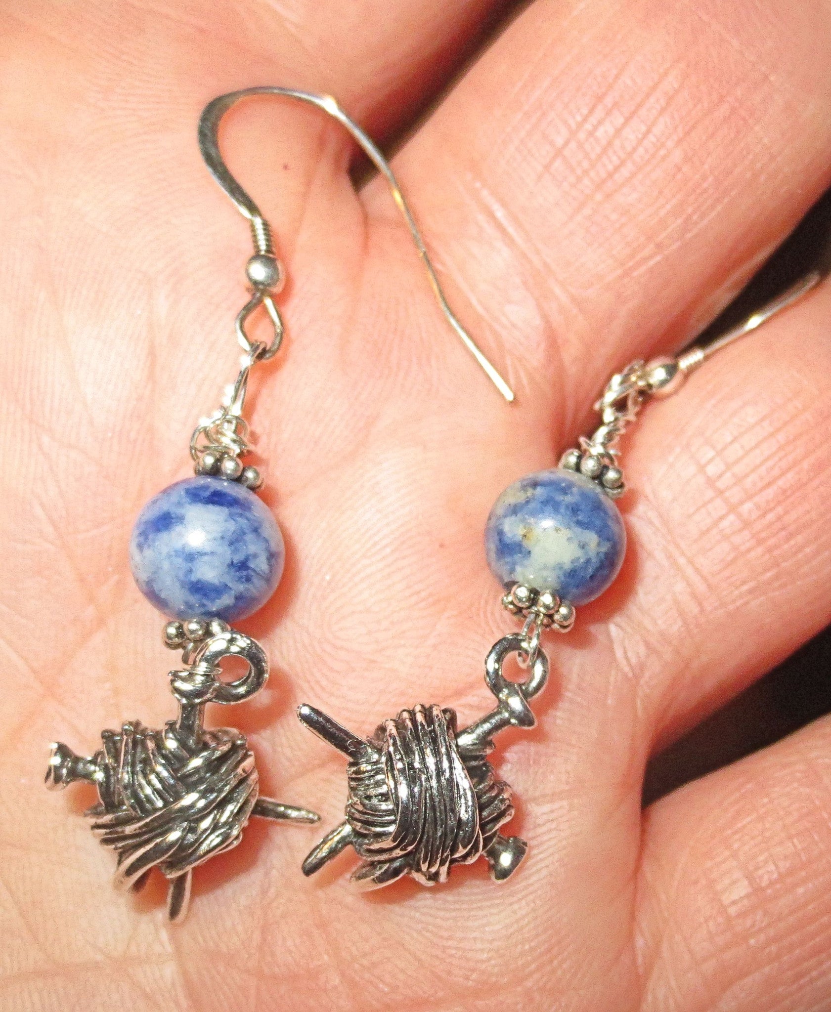 knitting theme silver earrings -- plain or with gemstones -- yarn with needles