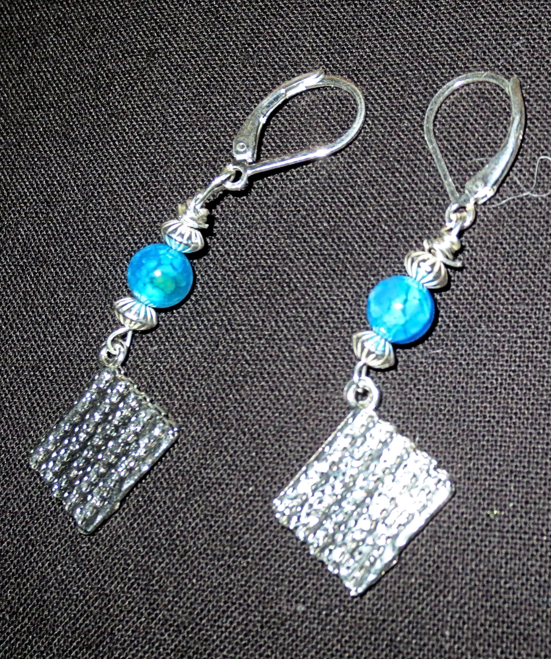 gemstone silver charm earrings for passover seder plates, matzah, haggadah blue azure agates / matzahs / sterling leverbacks