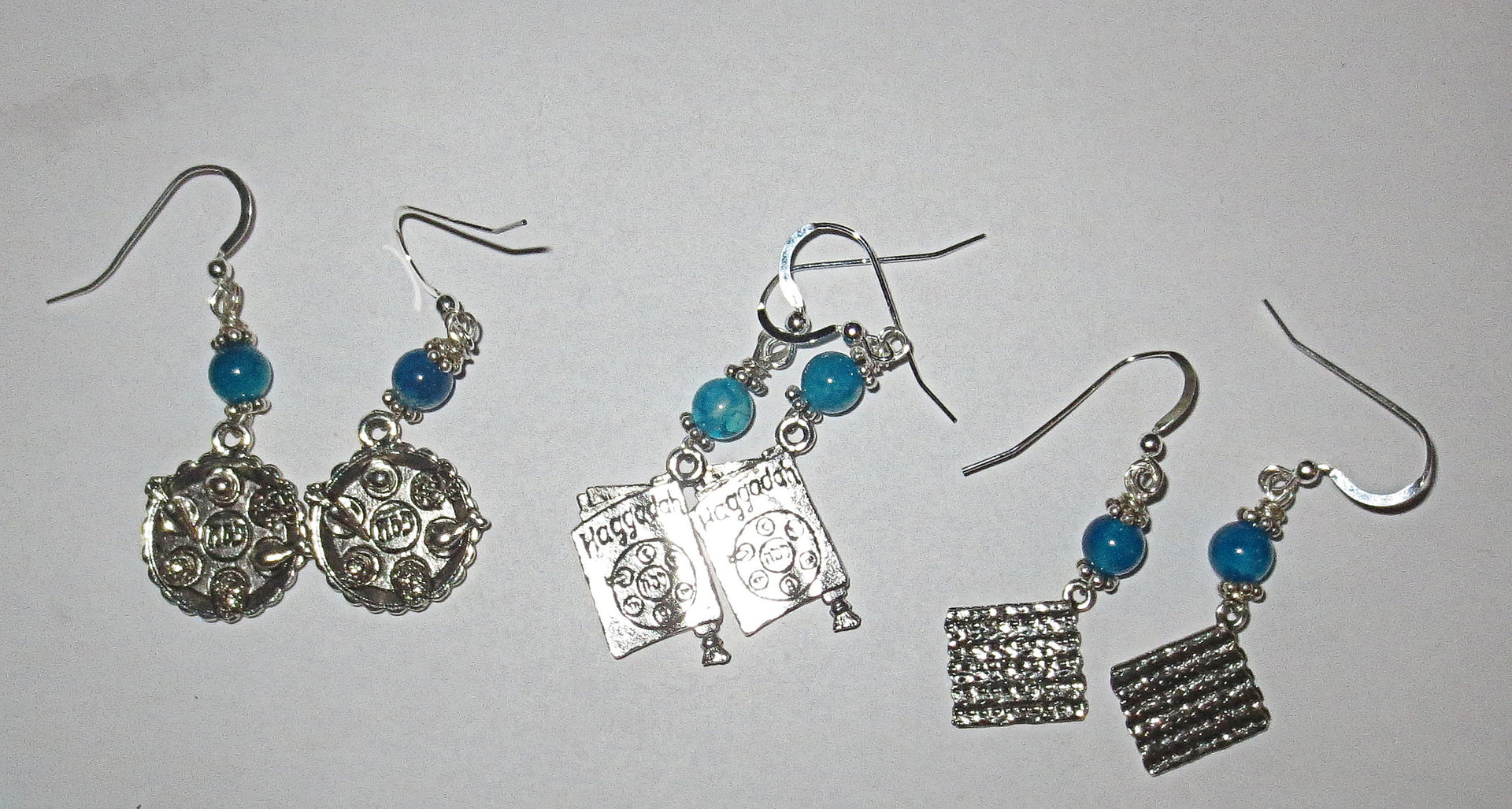 gemstone silver charm earrings for passover seder plates, matzah, haggadah