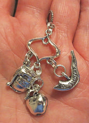 jewish high holiday simple silver euro pendants ---shofar, apple, honey pot, pomegranate triple necklace shofar apple honey pot