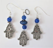 hamsa filigree pendant and earrings star of david jewelry set gemstone choice sterling silver regular ear wires / blue agates