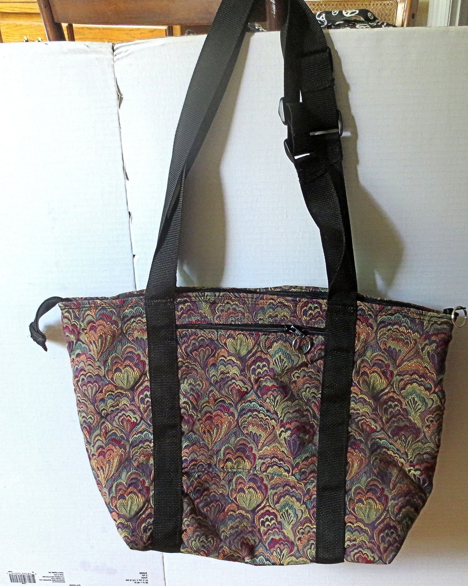 elegant fans tapestry tote bag adjustable handles weather proof zippered compartments