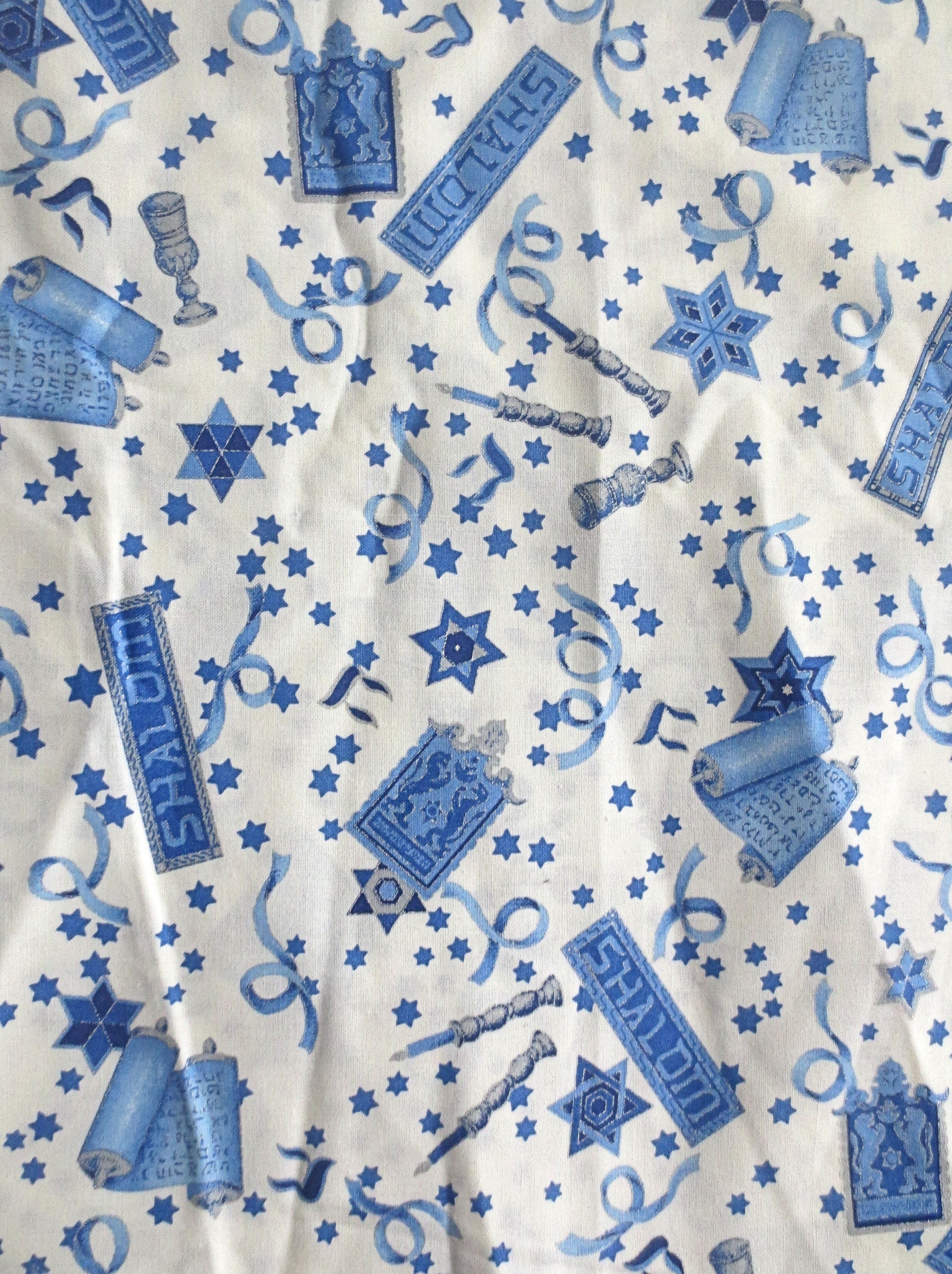 judaica shabbat or holiday shalom torah chi kiddush cup candles white blue silver by the half yard beautiful oop