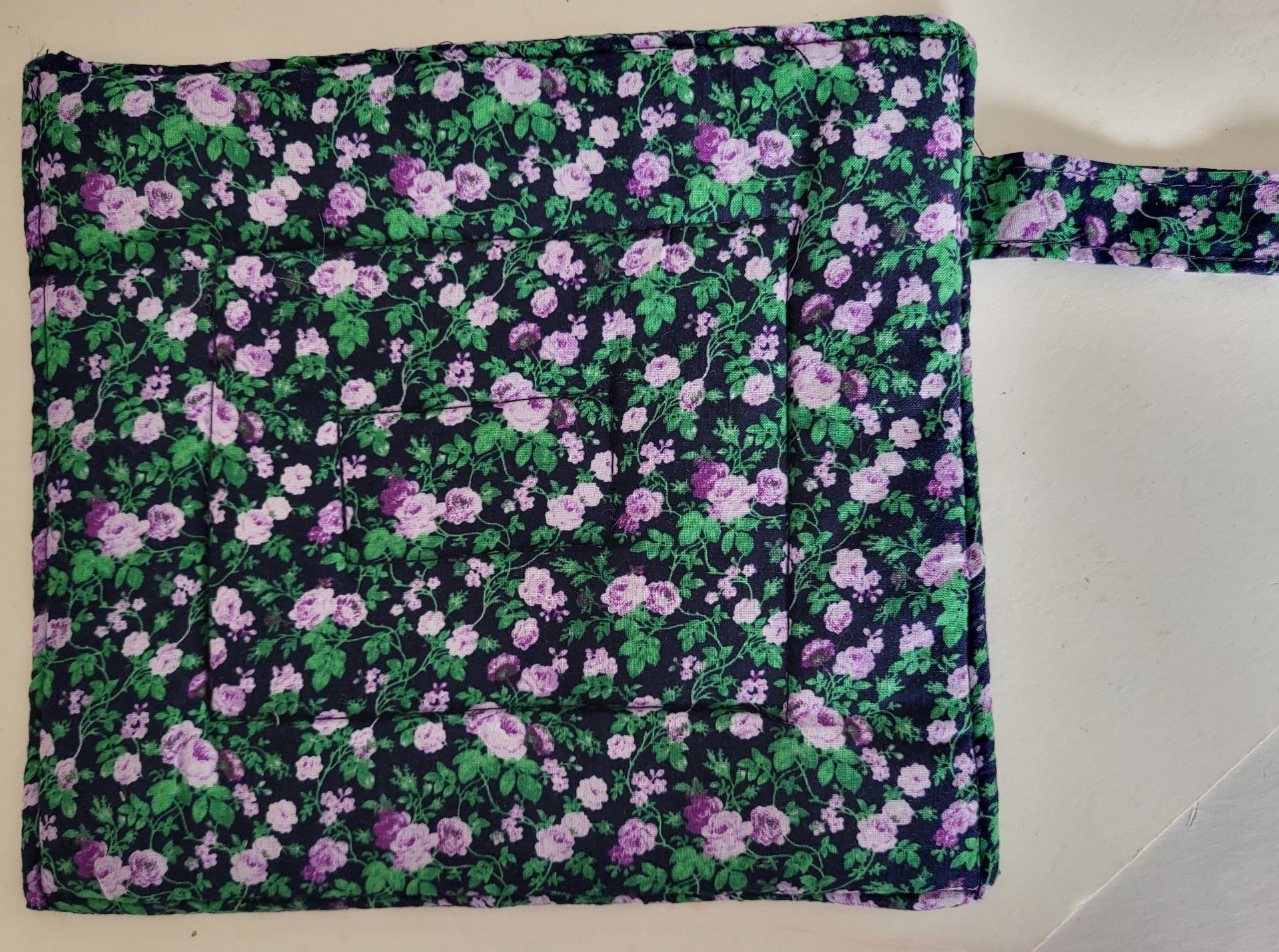 purple green navy calico flowers pot holder