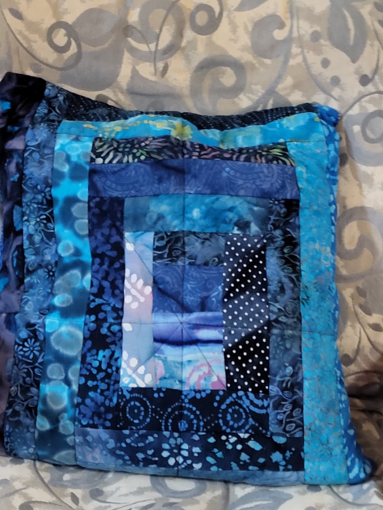 Log Cabin Batik blues fancy quilted pillow cover