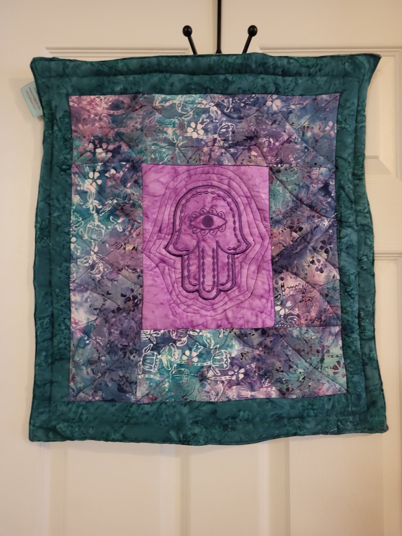 Evil Eye Hamsa / Hand of G-d batik teal purple blue wall hanging
