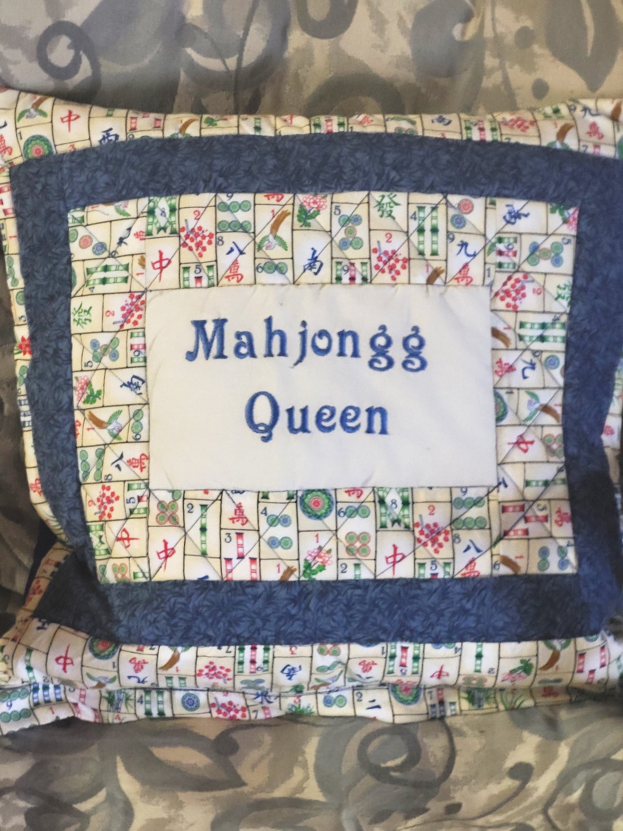 Mahjongg Queen embroidered quilted pillow cover