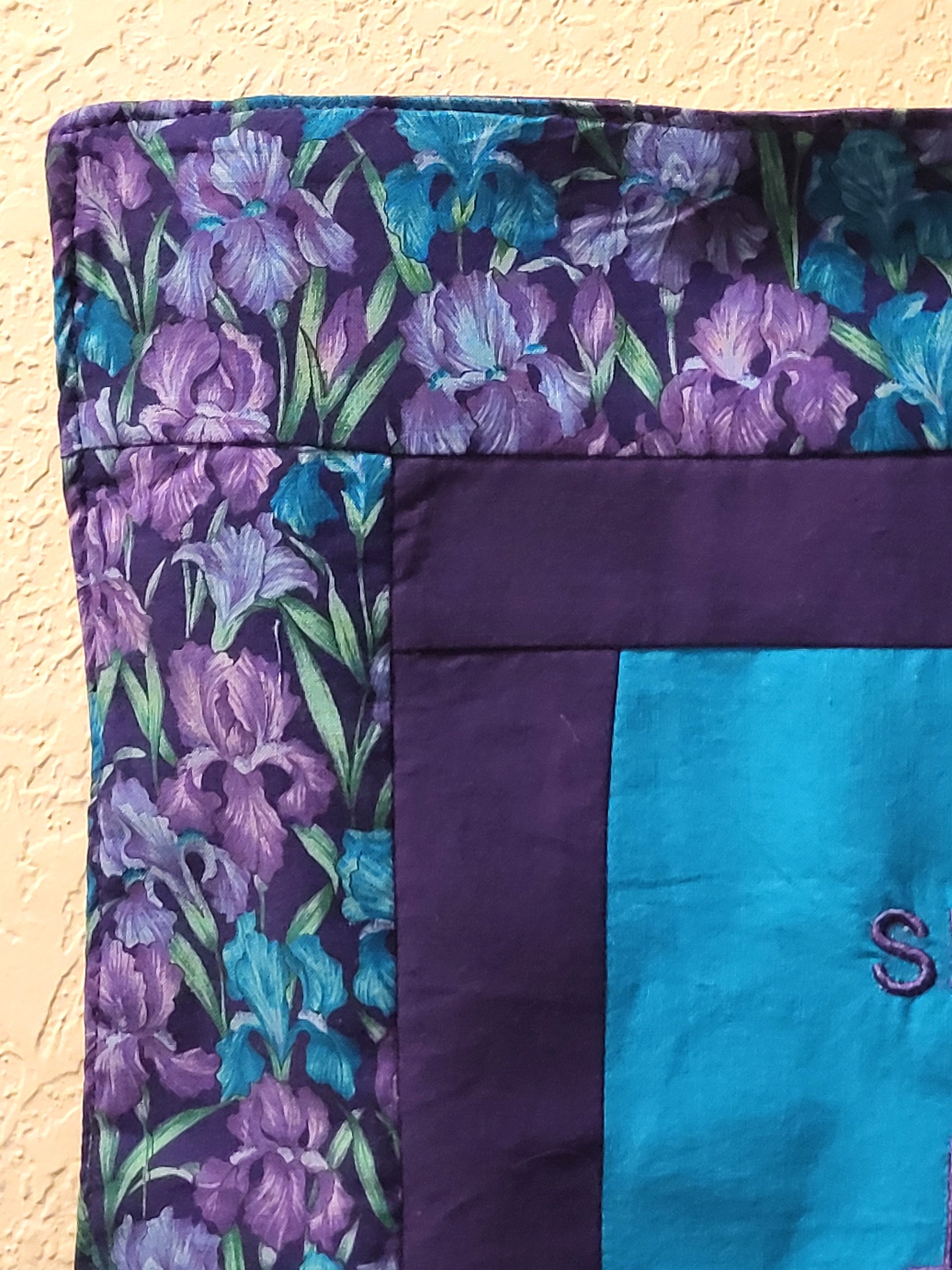 purple turquoise iris wall hanging