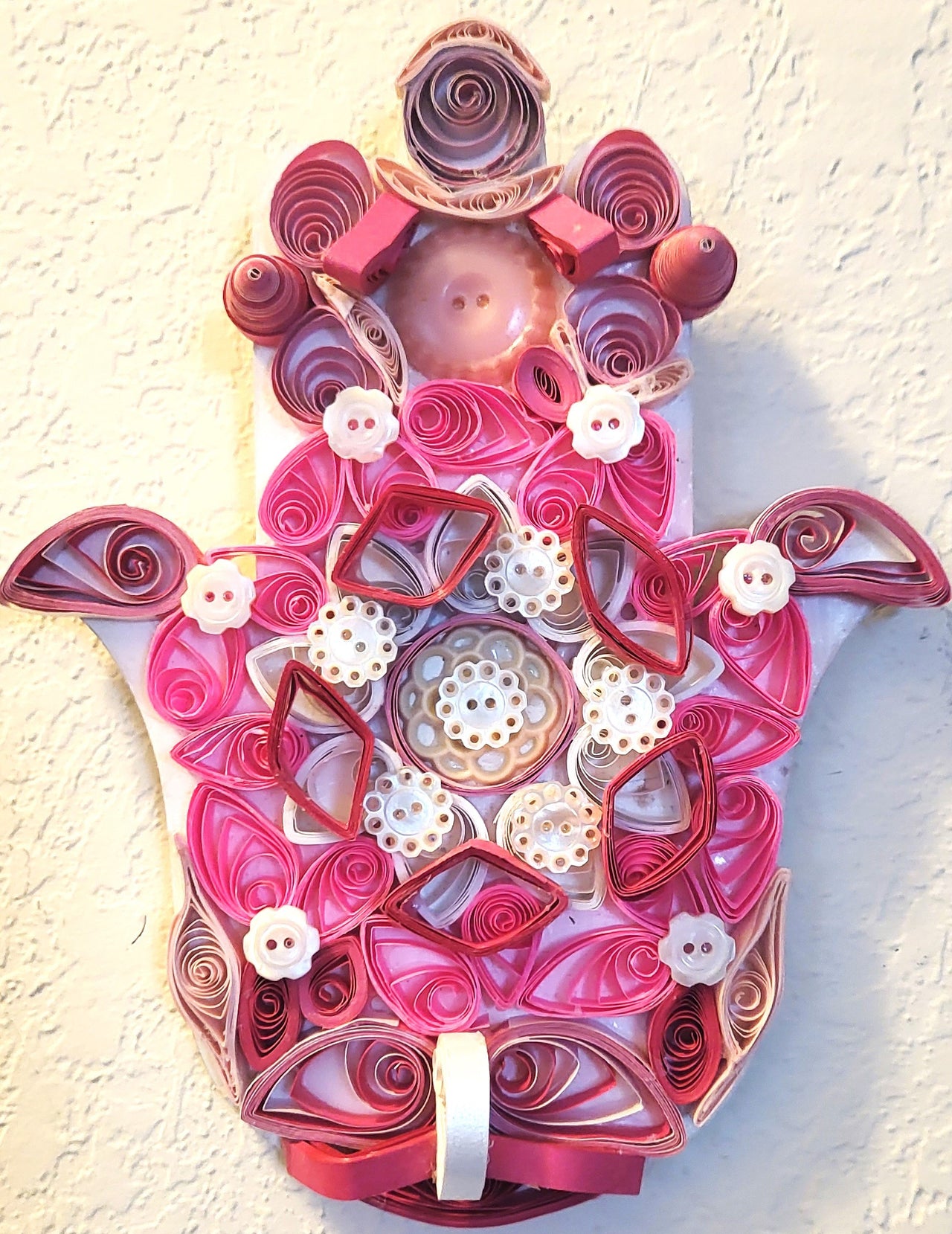 Quilled Hamsa pink white mother of pearls buttons